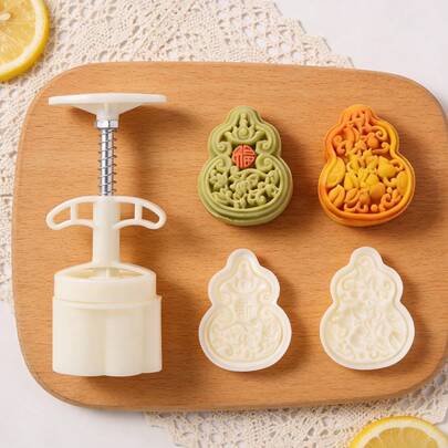 3件套葫芦形月饼模具，手压式塑料烘焙压花模具，带有吉祥汉字和花卉图案，适用于制作绿豆糕、饼干、中秋节甜点等，厨房烘焙配件