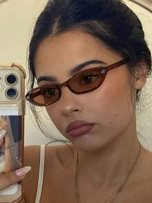 1 PC Women's Retro Narrow Cat Eye Fashion Glasses Solid Color Polycarbonate Frame Tea Tinted Lenses Lightweight Suitable For Vacation Outing With Glasses Box - 彩色 - 查看 3