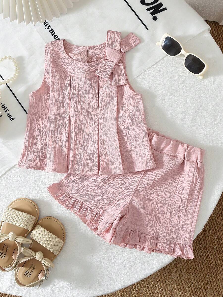 bearleader 6-24个月女婴两件套：无袖蝴蝶结上衣+短裤，夏季休闲装 - 粉色 - 查看 1