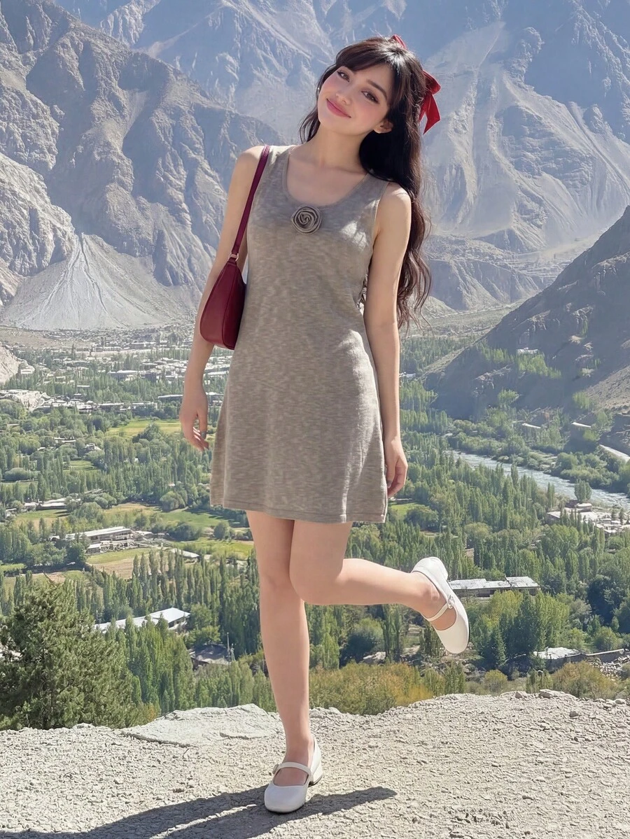 Đầm mini không tay thắt eo họa tiết hoa 3D Y6Y 2026 mới, thích hợp cho mùa hè. - nâu nhạt - Xem 1