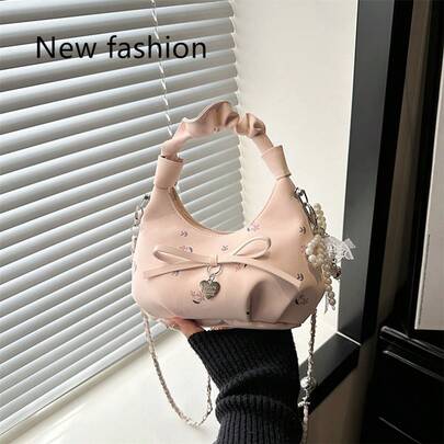 Sweet Pink Floral Hobo Bag With Ruched Handle, Bow & Heart Charm, Pearl Chain Strap, Cute Women's Crossbody Purse For Daily Outfits