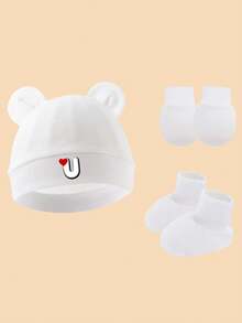 3pcs Baby Cute Bear Ear Hat + Anti-Scratch Mittens + Socks Set, Soft Breathable Newborn Hospital Hat, Love & Letter Print Infant Beanie, Suitable For 0-3 Months Daily Wear - White - View 34