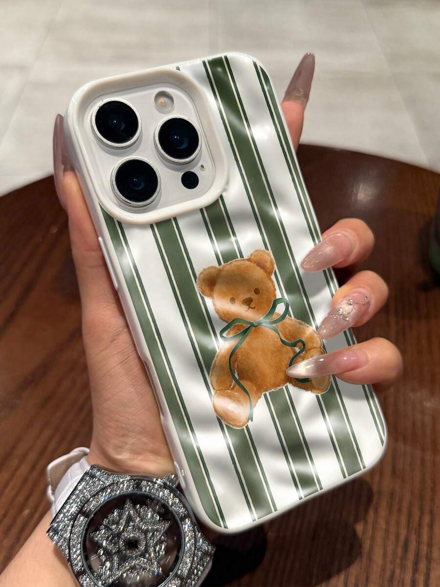1 pieza Compatible con iPhone 17/16 Pro Max/15 Plus/14 Pro, Suave y Curativo, TPU Arrugado, Funda de Teléfono, Estilo Coreano Ins, Rayas Verde y Blanco e Impresión de Oso de Peluche, Cobertura Completa a Prueba de Golpes, Recortes Precisos - Blanco - Ver 1