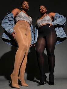 2条装80D加大码亮面紧身打底裤，纯色高弹不透明连裤袜，时尚性感百搭黑色紧身裤，适合万圣节和圣诞节穿着。 - 彩色 - 查看 3