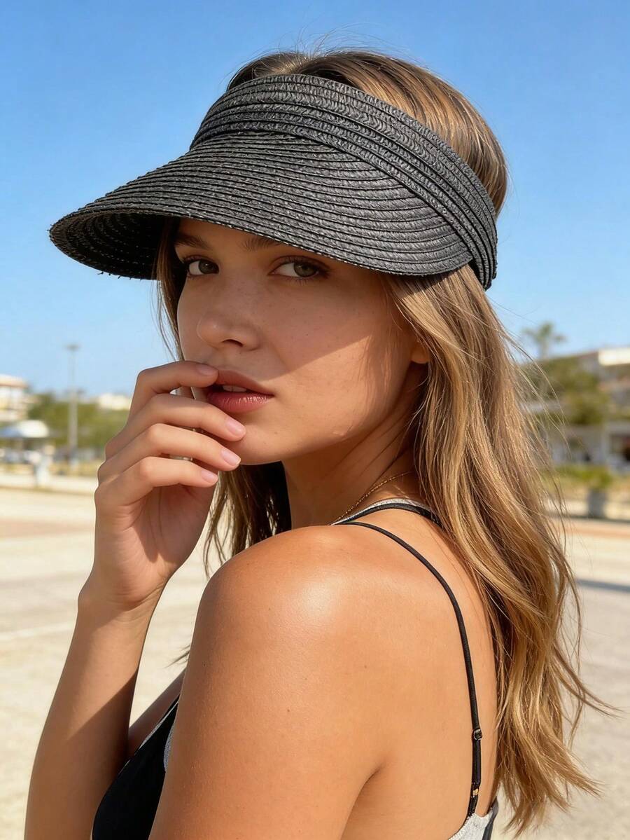 1pc Solid Color Straw Visor Hat, Windproof, UV Protection, 3D Design, Foldable, Fashion Versatile, Elegant Style, Soft & Comfortable, Suitable For Beach, Outdoor, Travel, Hiking, Cycling, And Various Occasions,Summer - Open Top - View 1