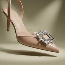 Sandalias para dama elegantes y zapatos para mujer con tacón alto de aguja, tacones de punta fina con hebilla cuadrada de diamantes de imitación, calzado de fiesta sexy y glamuroso, zapatos tipo mule de piel sintética PU con suela de goma, sandalias de punta cerrada cómodas, transpirables y antideslizantes para boda o evento social, estilo oficina chic y sofisticado. - Albaricoque - Ver 9