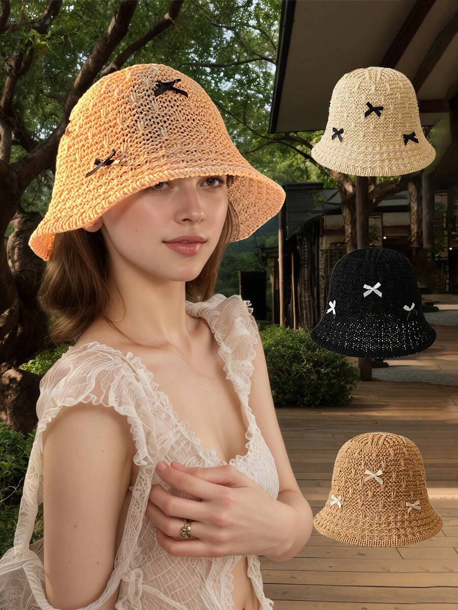 1顶女士甜美蝴蝶结手工钩编渔夫帽，透气镂空防晒沙滩帽，夏季必备 - 多色 - 查看 1