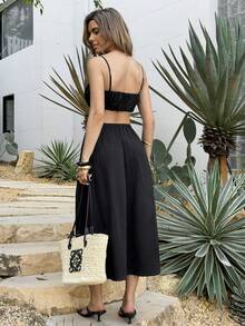PoPoHouse Women's Elegant Two Pieces Set Sexy Backless Spaghetti Strap Ruched Crop Top Flowy Maxi Skirt For Daily Casual Summer Holiday Beach Vacation Party Going Out Outfit Black Two Pieces Set - Black - View 2