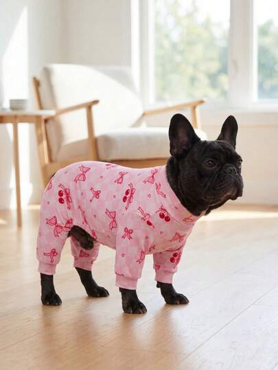 Dog Summer Shedding Hair Control Pajamas - Breathable High Stretch Full Coverage Pet Rompers, Summer Anti Licking & Bug Protective Jumpsuit For Medium Large Dogs, All Over Printing Dog Clothes - Cute Bow And Cherry Pattern