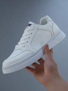 Men's Low-Top Skate Shoes, White Leather Sneakers With Thick Sole, Casual Athletic Shoes For Street Style, Comfortable Walking Gift For Him - 白色 - 查看 5