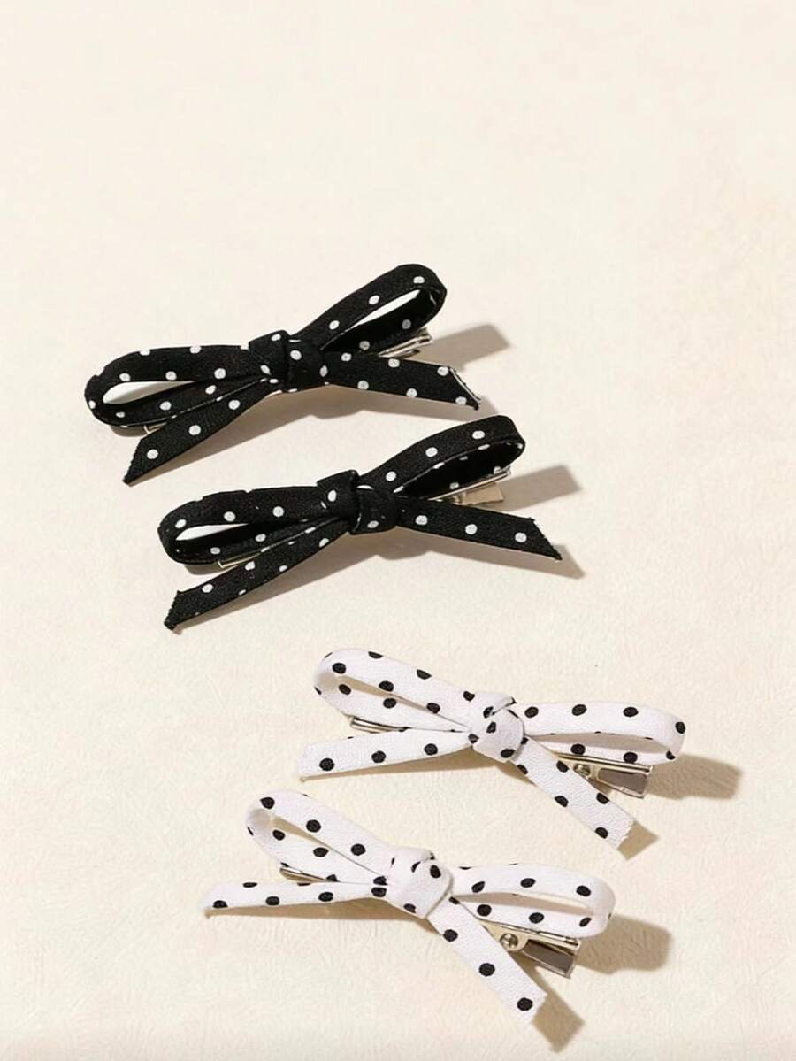 4pcs Black & White Polka Dot Pattern, Minimalist Bow Design, Retro Elegant Style, Versatile Hair Accessories - Black and White - View 1