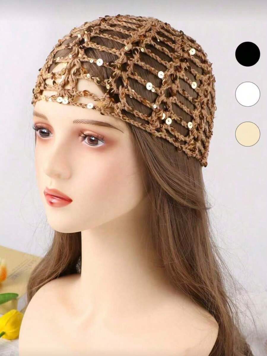 1 chiếc mũ len móc rỗng đính sequin thời trang dành cho nữ, thích hợp để đội hàng ngày. - Mũ len thẳng - Xem 1