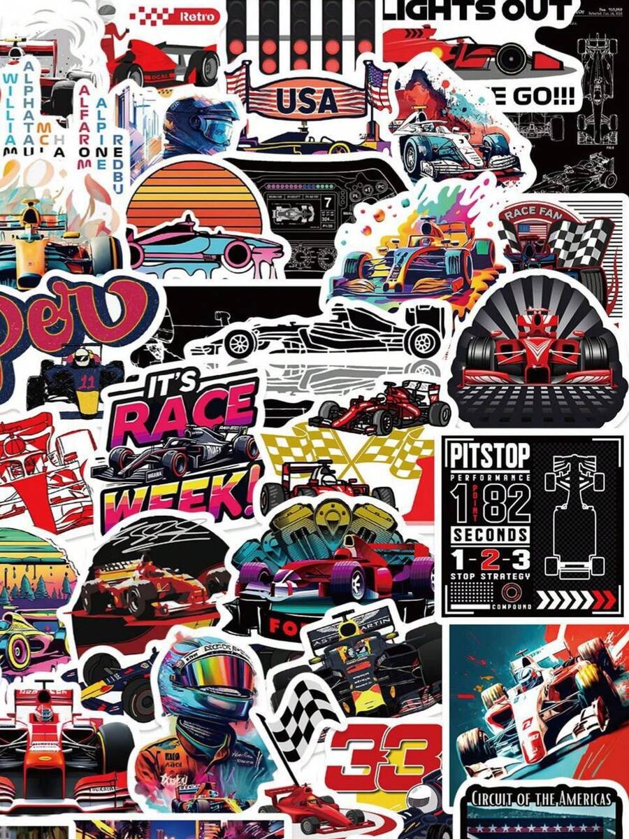 50张赛车贴纸，酷炫设计，适合男孩/汽车爱好者，高品质笔记本电脑贴纸，也适用于水瓶、Kindle、iPad、吉他、行李箱和其他物品的个性化装饰，是学校用品和返校季的理想选择。 - 彩色 - 查看 1