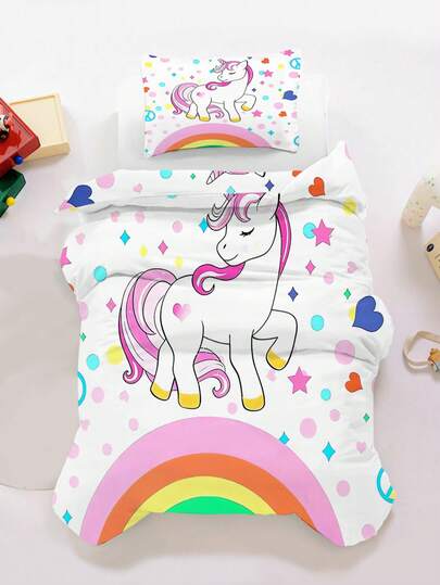 2pcs Cute Cartoon Unicorn Toddler Duvet Cover Set, Rainbow Heart Star Print Bedding Set, Soft Microfiber Comforter Cover With Pillowcase, Perfect Toddler Girls Bedroom Decor Gift 80x120cm