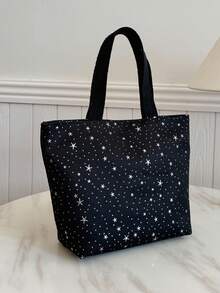 Portable Insulated Lunch Bag; Thickened Cute Fruit Lunch Bag For Students; Asymmetrical Black Starry Lunch Bag - Black - View 4