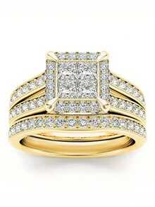 2pcs Luxurious Cubic Zirconia Stone Rings, Suitable For Women, Ideal For Weddings, Engagements, Anniversary Parties, Valentine's Day Gifts - Yellow Gold - View 11