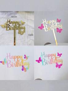 3pcs Gold Butterfly "Happy Birthday" Cake Topper, Suitable For Birthday Party, Anniversary, Valentine's Day, Modern Letter Shaped Cake Decor, Creative Gift For Family And Friends, Applicable For Birthday, Mother's Day, Summer, Halloween, Christmas - Multicolor - View 4
