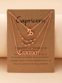 Juego de 3 piezas de collares con colgante de símbolo de letra de los 12 signos del zodíaco con diamantes, accesorios de moda diarios encantadores para mujeres, regalos de cumpleaños - Oro rosa - Ver 16