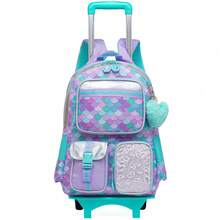Black Rolling Backpack For Kids Girls  With Trolley Bag For Girls For Elementary Students Back To School - Mint Blue - View 1