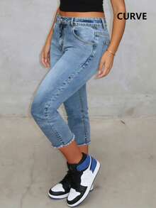 Plus Size Women's New Elastic Waist Simple 3/4 Length Jeans, Versatile Casual Summer - Light Wash - View 8