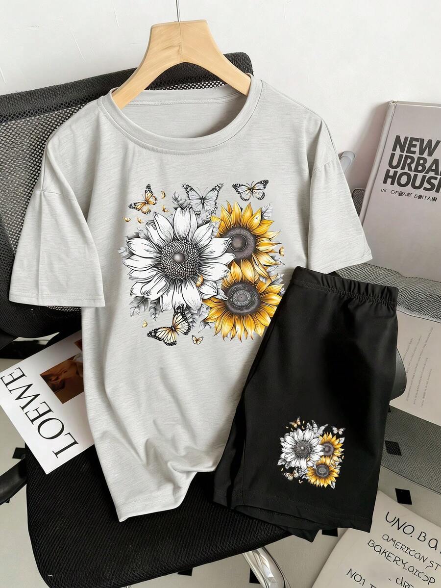 2件套加大码女式雏菊印花T恤和短裤套装，夏季优雅 - 灰色 - 查看 1