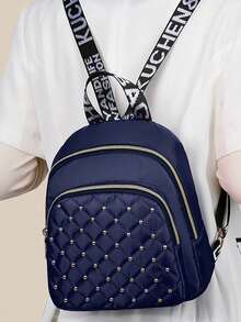 Back To School Season Rhombus Pattern Embroidered Rivet Backpack - New Women's Fashion Travel Bag - Casual Large Capacity Women's Backpack [Random Back Zipper Direction] - Blue - View 7