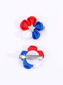 2pcs/Set 4th Of July Patriotic Style Girls Red White Blue Glitter Hair Clips, Independence Day Bow, Alligator Clips, Floral, Star Pattern Hair Accessories, Holiday Party Decorations For Teens - Multicolor - View 4