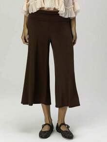 Women Y2K Cropped Wide Leg Pants, Retro Horizontal Stripe Polka Dot Print Fold Over Waistband Stretchy Knit Culottes For Streetwear Daily Outings - 深棕 - 查看 1