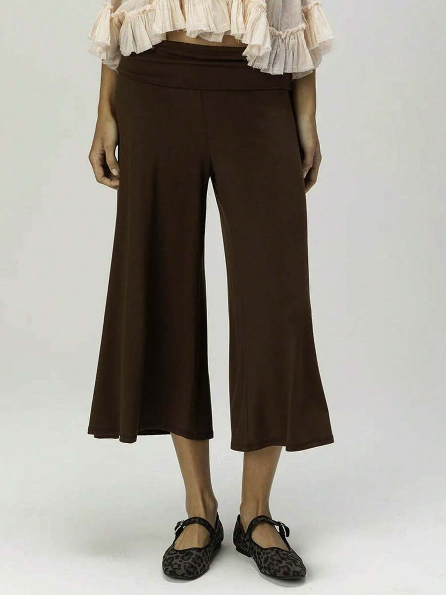 Women Y2K Cropped Wide Leg Pants, Retro Horizontal Stripe Polka Dot Print Fold Over Waistband Stretchy Knit Culottes For Streetwear Daily Outings - 深棕 - 查看 1