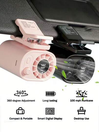 Ventilador de clip para coche con pantalla LED, ventilador para el asiento trasero, ventiladores de enfriamiento multiusos recargables por USB, rotación de 360°, 100 velocidades ajustables, recargable por USB, esenciales de verano, accesorios para automóvil