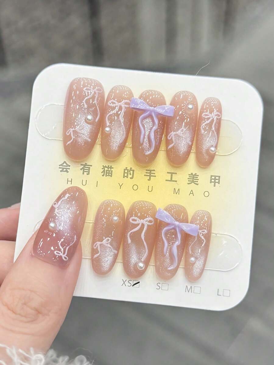 10pcs/Set Press On Nails, Purple Butterfly Bow, Dazzling Cat's Eye, Butterfly Bow, Sweet And Cute, Gentle Handcrafted Wearable Nails - Multicolor - View 1