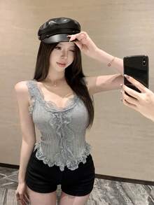 韩版灰色吊带背心，性感简约设计，蕾丝边无袖露脐上衣，女士针织打底衫，春夏休闲性感短款背心 - 灰色 - 查看 3