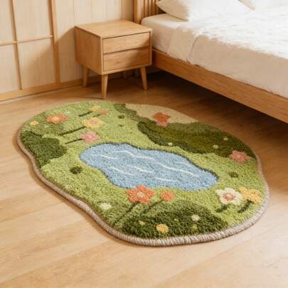 1pc Green Floral Moss Carpet, Fresh Natural Style Living Room Sofa Rug, Asymmetrical Shaped Soft Plush Bedroom Bedside Rug, Bathroom Entrance Hallway Balcony Hanging Chair Floor Mat, Ins Style Fluffy Rug For Coffee Table, Reading Area, Playroom, Modern Minimalist Design For Living Room, Bedroom