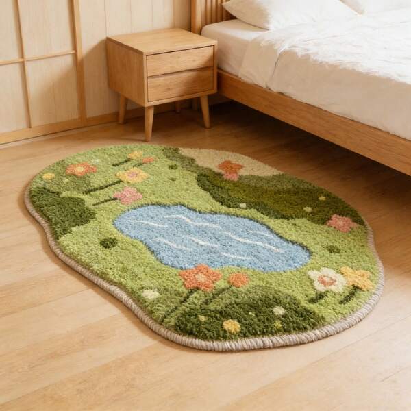 1pc Green Floral Moss Carpet, Fresh Natural Style Living Room Sofa Rug, Asymmetrical Shaped Soft Plush Bedroom Bedside Rug, Bathroom Entrance Hallway Balcony Hanging Chair Floor Mat, Ins Style Fluffy Rug For Coffee Table, Reading Area, Playroom, Modern Minimalist Design For Living Room, Bedroom