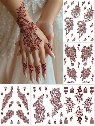Brown Henna Temporary Tattoo Stickers, Ramadan Decoration, Red Hand Henna Tattoo Stickers, Eid Mubarak Stickers, Waterproof Henna Tattoo Cones, Suitable For Festivals, Weddings, Parties, Dates, Valentine's Day