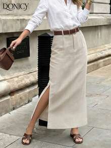 DONICY Women's Beige Wide Leg Trousers With Pockets Chic Casual Full Length Pants - Apricot - View 1