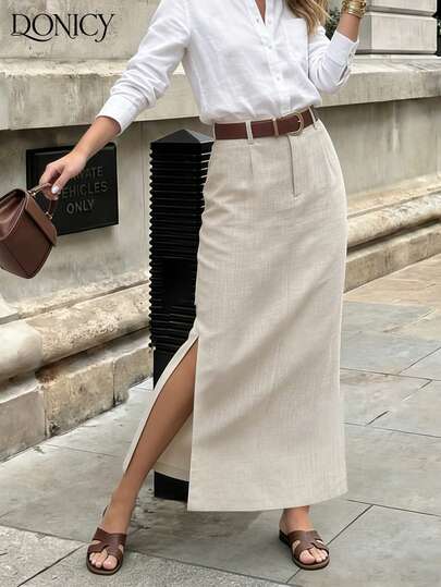 DONICY Women's Beige Wide Leg Trousers With Pockets Chic Casual Full Length Pants