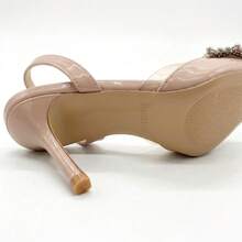 Sandalias para dama elegantes y zapatos para mujer con tacón alto de aguja, tacones de punta fina con hebilla cuadrada de diamantes de imitación, calzado de fiesta sexy y glamuroso, zapatos tipo mule de piel sintética PU con suela de goma, sandalias de punta cerrada cómodas, transpirables y antideslizantes para boda o evento social, estilo oficina chic y sofisticado. - Albaricoque - Ver 7