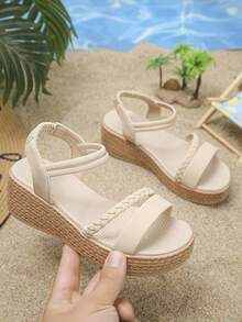 1 Pair Girls' Summer Sandals, Fashionable Minimalist Slip-On Beach Vacation Platform Wedge Thong Sandals - Beige - View 2
