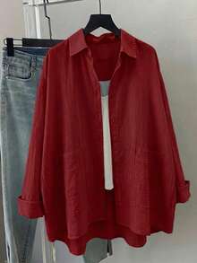 Women's Casual Red Woven Fabric Shirt, Drop Shoulder Long Sleeve, Shirt Collar, Button Pocket, Regular Length, Autumn Spring - Red - View 5