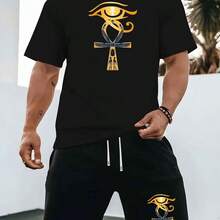 1 Set Of Summer New Men's Casual Sports Casual Suit Round Neck T-Shirt Short Sleeve + Shorts, Knitted Fabric, Fashionable Personality All-Rounder, Suitable For Outdoor Activities Printed Summer Two-Piece Set. - màu đen - Xem 2
