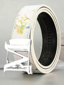 高档男士正装腰带 - 亮金色 V 形扣环和白色抽象大理石纹印花，可调节滑扣式腰带 - 彩色 - 查看 1