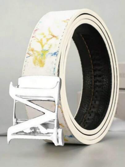 高档男士正装腰带 - 亮金色 V 形扣环和白色抽象大理石纹印花，可调节滑扣式腰带