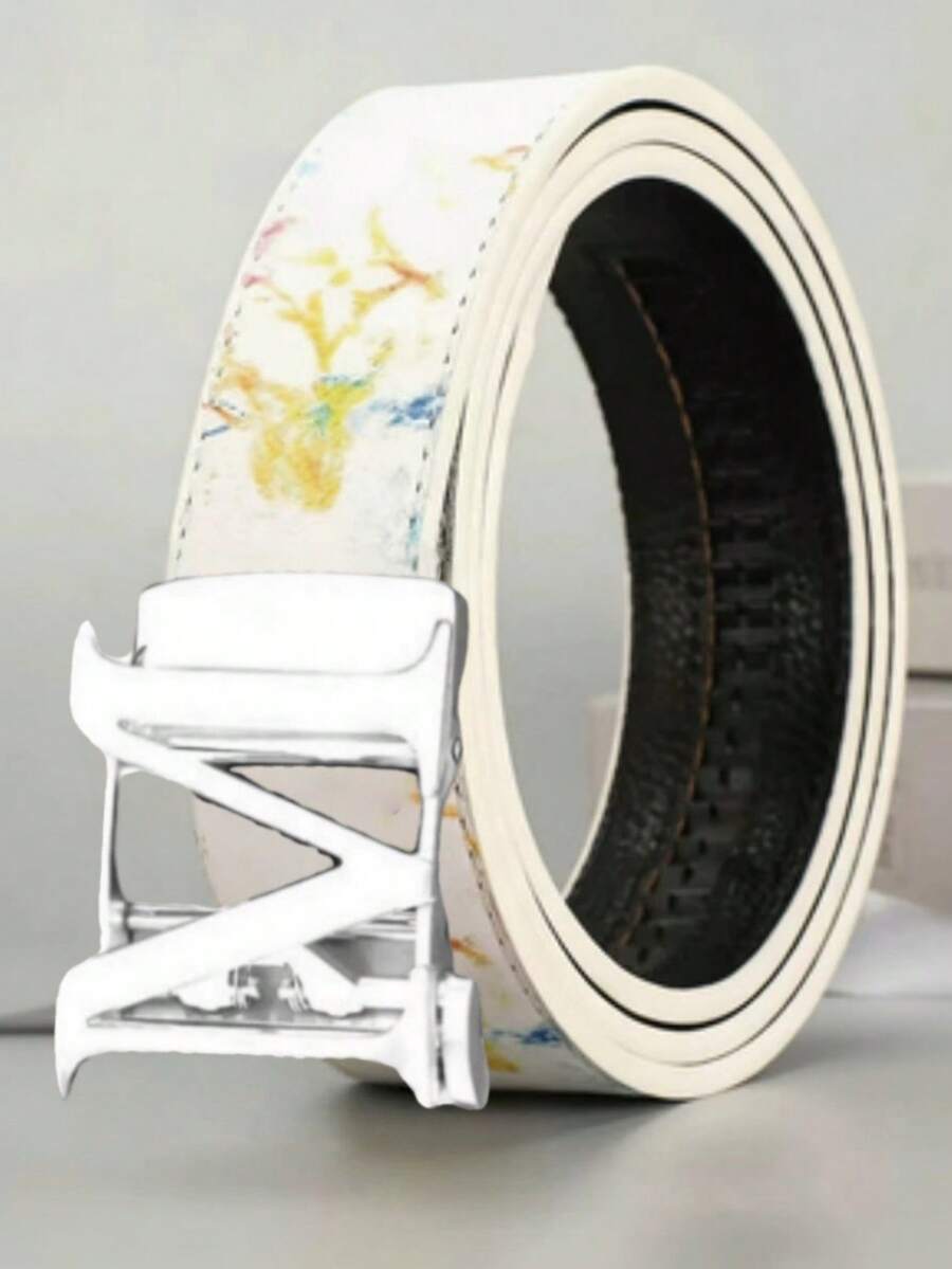高档男士正装腰带 - 亮金色 V 形扣环和白色抽象大理石纹印花，可调节滑扣式腰带 - 彩色 - 查看 1
