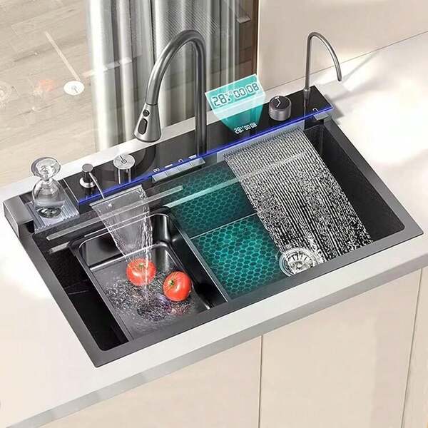 Chiuveta Bucatarie Multifunctionala Vivendo®, Negru Grafit, Cu 2 Cascade, Robinet Cascada, Afisaj Digital Temperatura Si Accesorii Incluse, 800x450mm