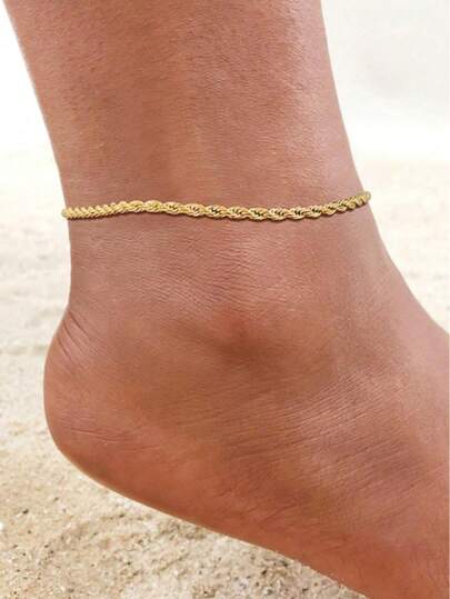 1pc Stainless Steel Gold Twisted Chain Anklet, Suitable For Women And Teenage Girls, Summer Gift (Note: Due To Lighting And Shooting Angles, The Actual Product May Have Slight Color Differences From The Picture)