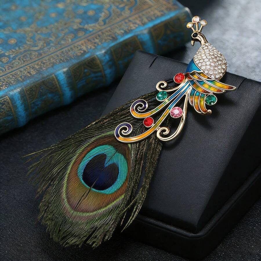 Peacock Brooch With Rhinestones And Simulated Feather Designs Unisex Decorative Suit Coat Clothing Pins Party Favors - Style4 - View 1