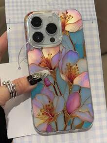 花卉图案手绘印花优雅新款羽毛雪纺银色简约时尚手机壳，兼容 17/17 Pro Max、15、16/16 Pro、15 Pro Max、P13、P14、P11软壳、P12防摔、XS、XR、7/8P、7/8G、E、S2、A14、A15、S23U、A50、A12、A32、A52、A72、A51、A21S、A13、A14、S22 Ultra、S23、A33、A53、S20 FE，国际版，非国内版 - 彩色 - 查看 4