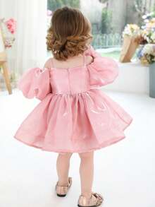 0-3岁女婴优雅泡泡袖蝴蝶结粉色连衣裙，公主裙，适合一周岁生日派对、婚礼、节日庆典等场合 - 粉色 - 查看 7