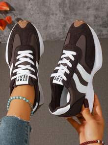 Women's Casual Lace-Up Patchwork Athletic Sneakers - Brown - View 1